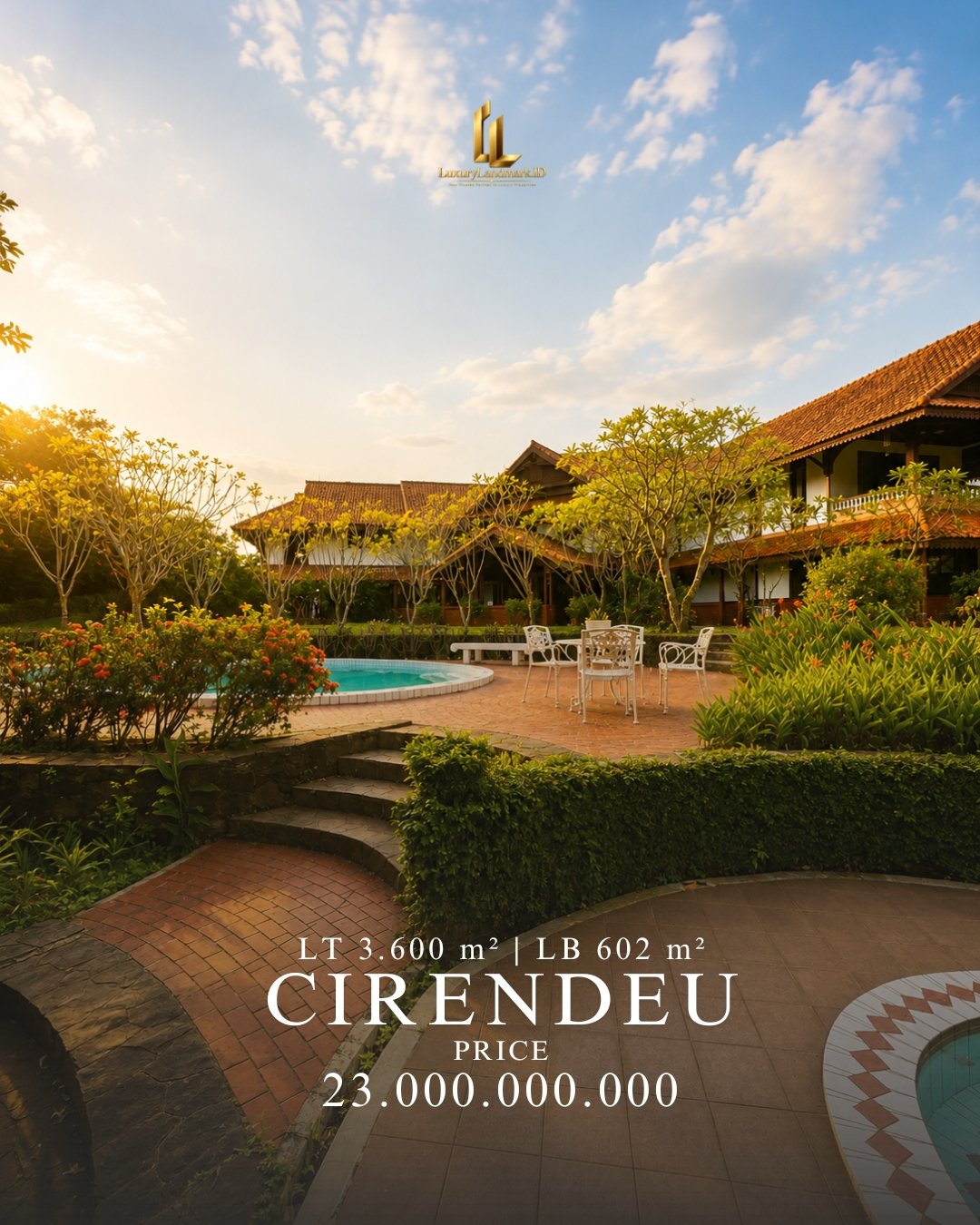 Dijual Rumah villa mewah bergaya Jawa Bali di Cirendeu Tangerang Selatan dengan lahan seluas 3.600 m².